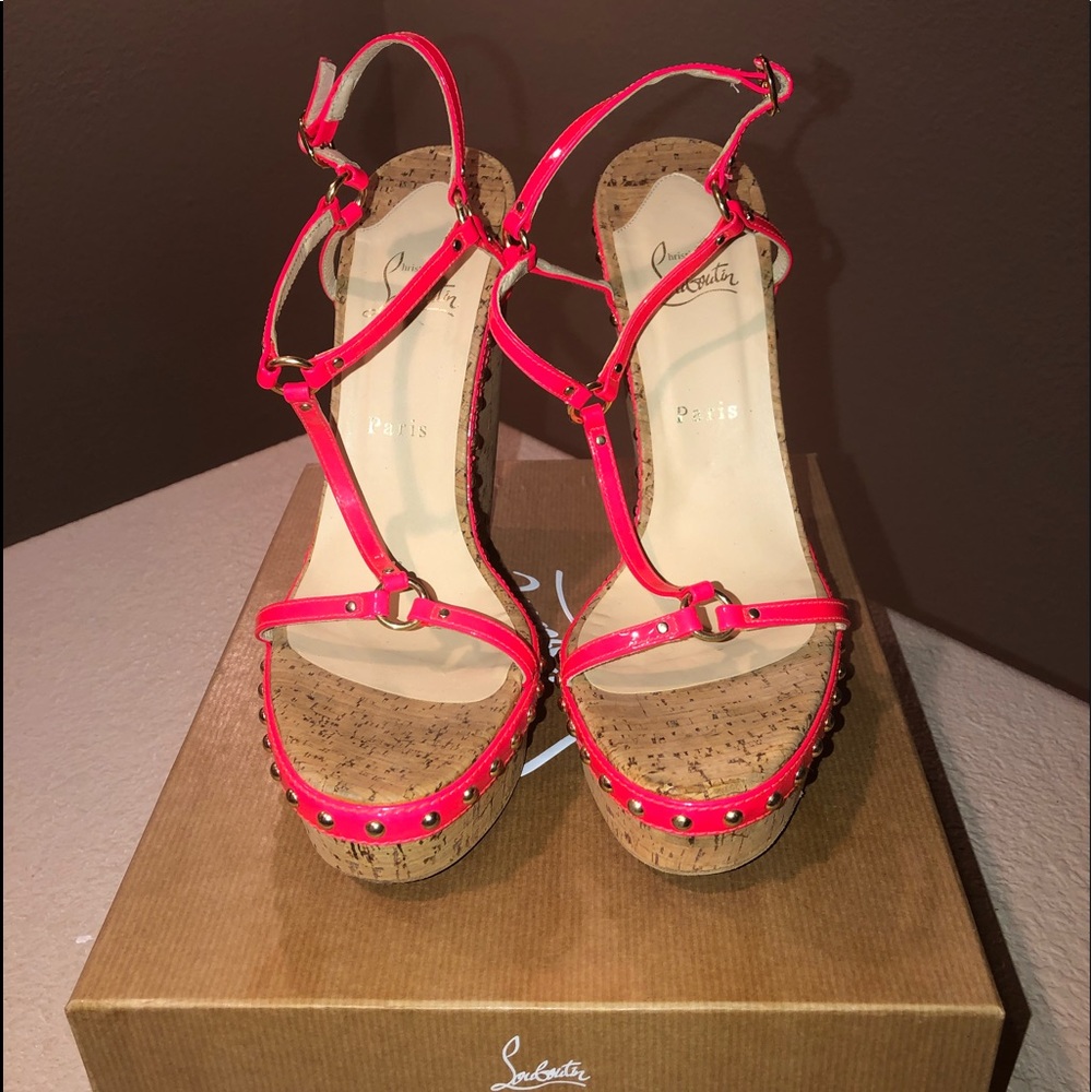 Christian Louboutin Neon Pink Cork Wedge Sandals